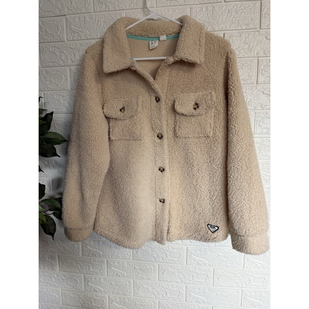 Roxy Girl Button Up Jacket Fleece Cream Beige Size 14/16 Large 25ROFHB03X-271-PC